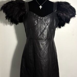 Elegant Black Leather Dress with Feathered Sleeves🖤